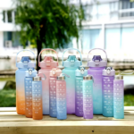 3 Pcs Set - Motivational Sports Water Bottle With Straw & Time Marker